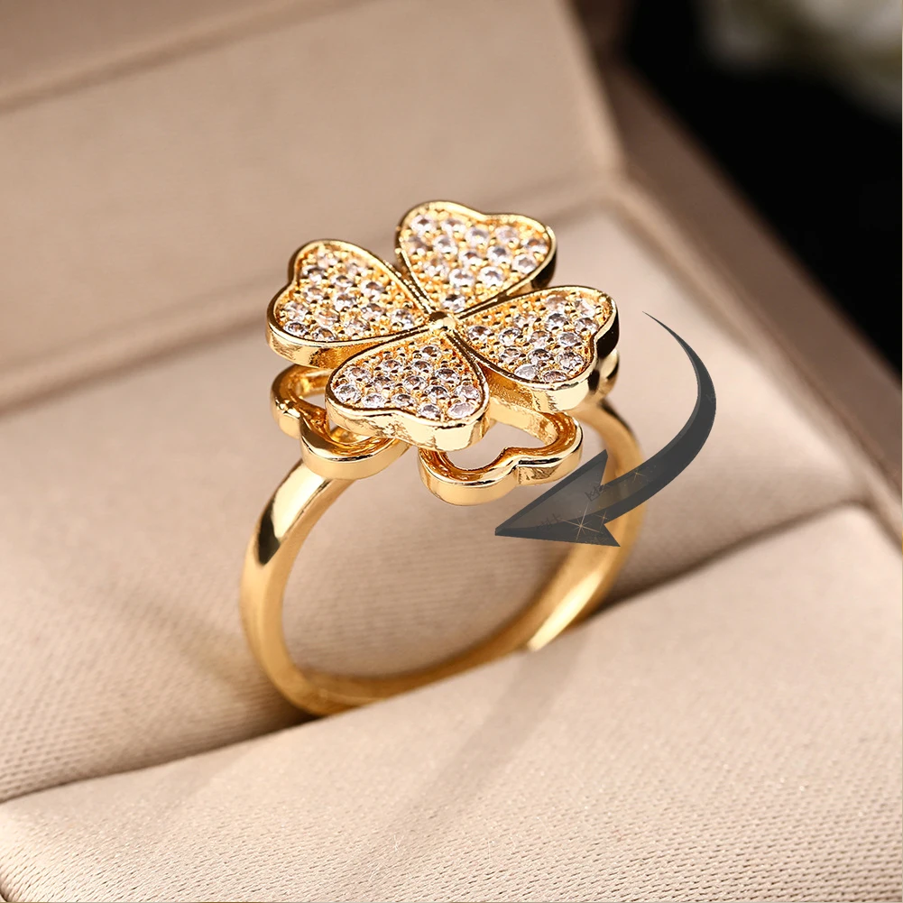 

YILUOCD Four Leaf Clover Rotating Anxiety Ring Cubic Zirconia Flower Adjustable Ring for Women Anti-Stress Fidget Jewelry Gift