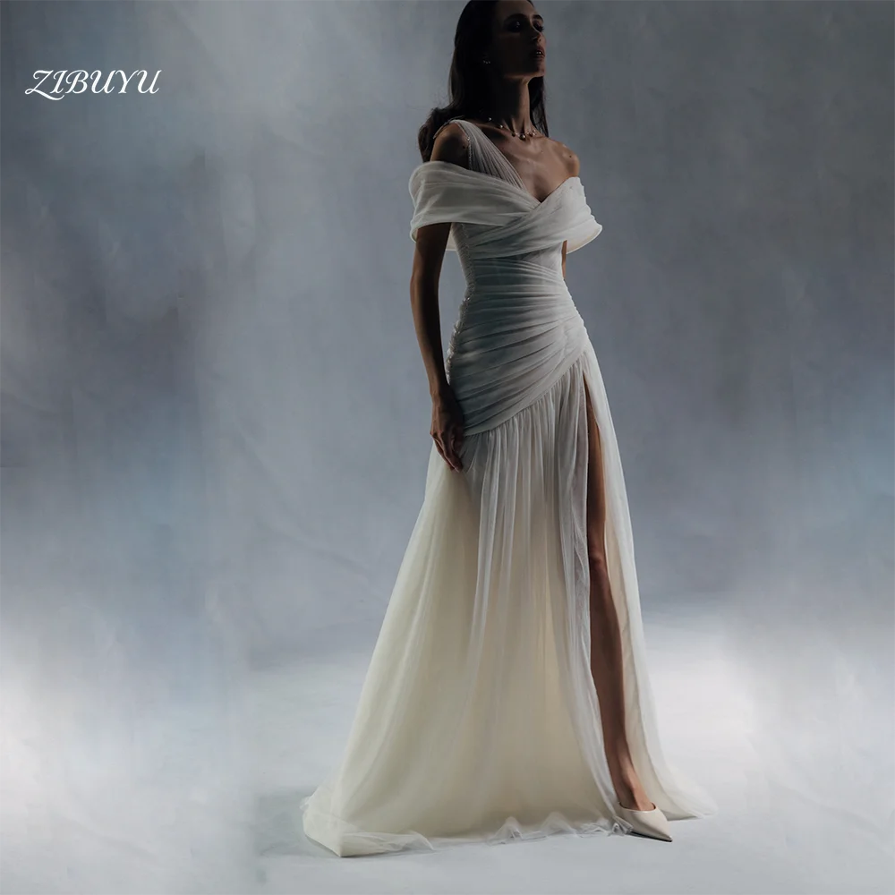 

ZIBUYU Customized 2026 Simple Elegant Luxury Wedding Dress Off Shoulder Backless Floor Length Tulle Ruched High Slit Bridal Gown