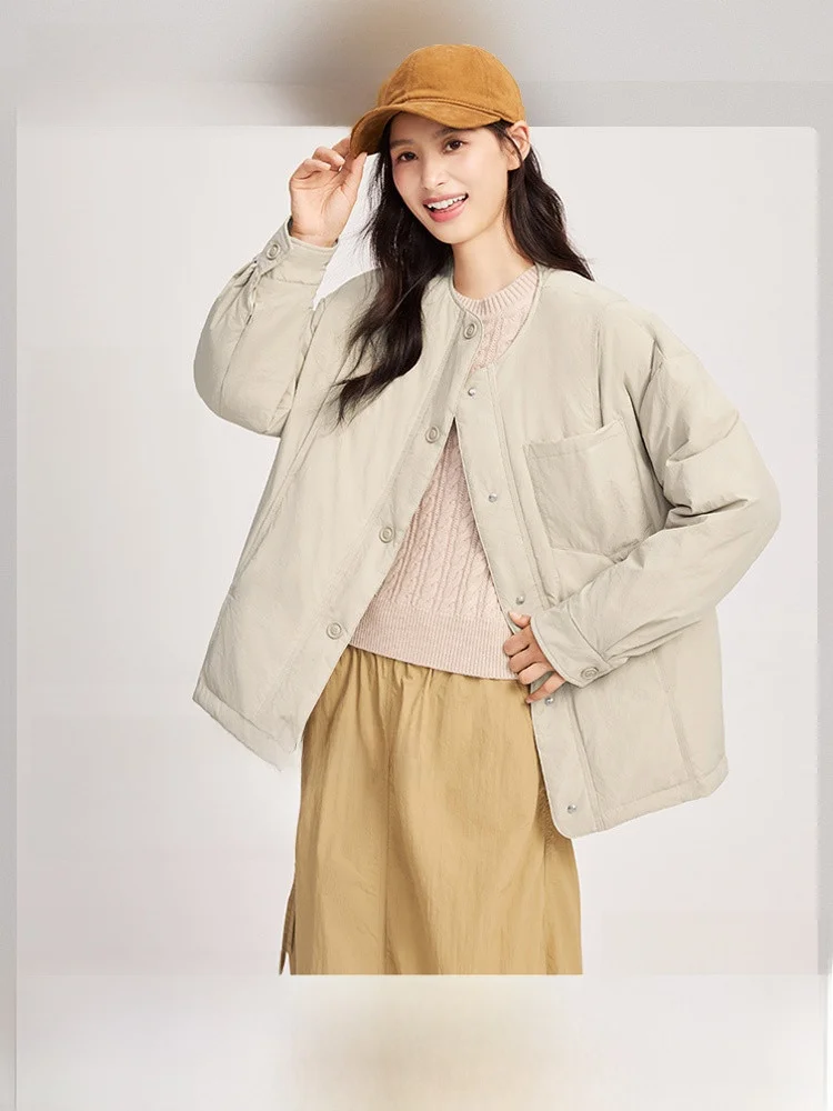 

Snow Flying Spring Women's Short round Neck Chinese Style down Jacket Barn Wind Nylon Commute Style Simple Daily Wear