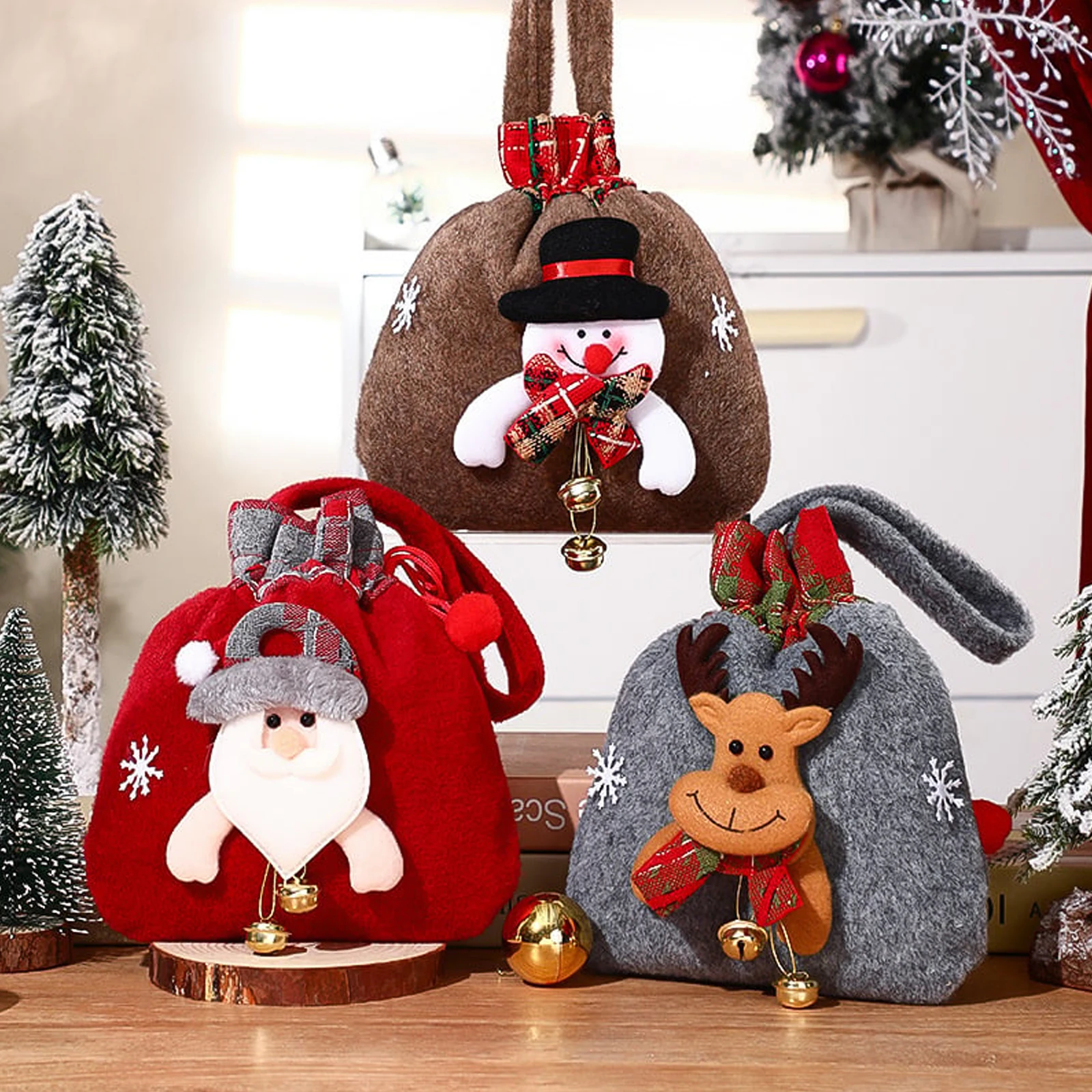 Xmas Gift Bags For Kids Holiday Wrapping Portable Large Capacity Reusable Snowman Deer Santa Pattern DIY With Drawstring