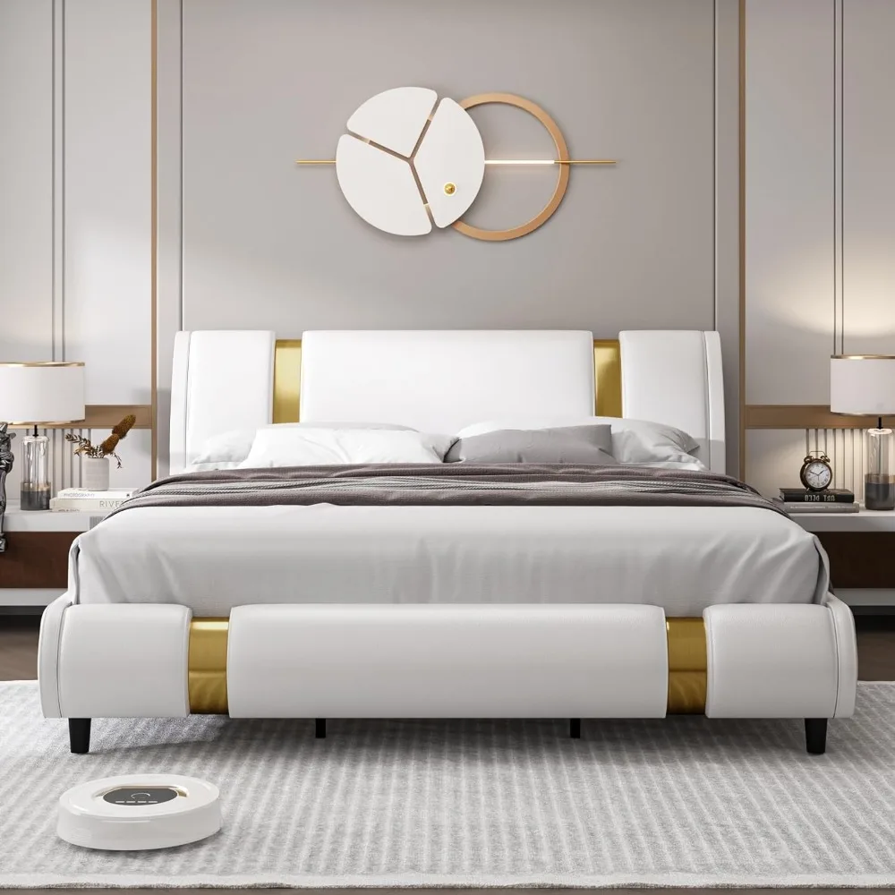 

Queen Bed Frame, Modern Faux Leather Upholstered Platform Bed Frame with Golden Iron Metal Decor, Bed Frame