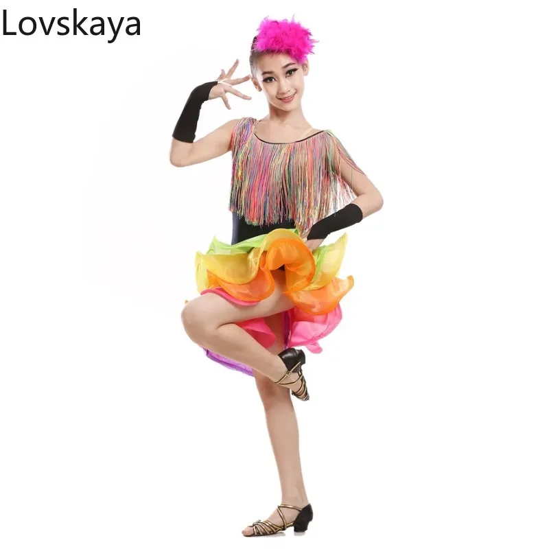 New Sequins Fringes Children Latin Dance Performance Latin Dance Dresses Performances Competition Costumes