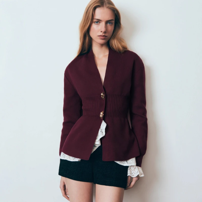 TARUXY-cárdigan de punto con botones de Metal para mujer, suéter de punto ajustado a la moda con cuello en V y mangas largas con aberturas, abrigo para mujer, novedad de otoño