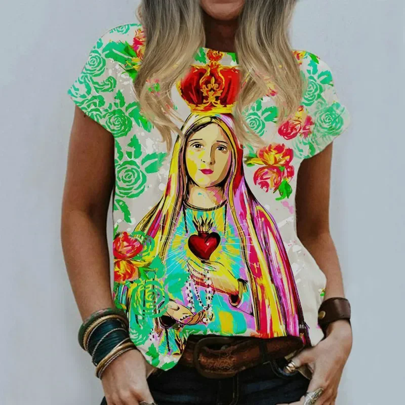 Virgin Mary O Neck Ladies Summer Casual Harajuku Oversized T Shirt Crew Streetwear Jesus Religious 3D Print Tops Tees