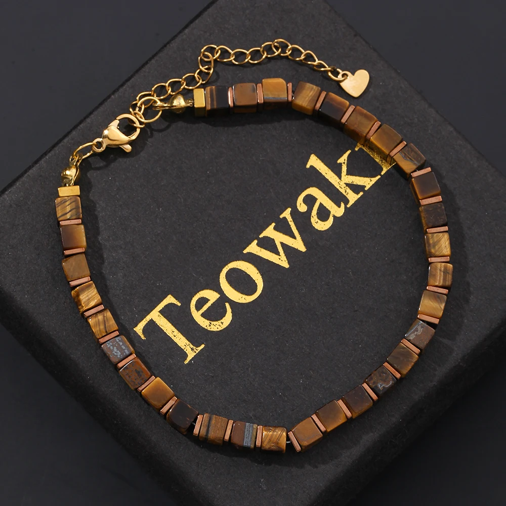 TeoWaki Natural Square Tiger Eye Stone Bracelet Adjustable Length Hematite Square Flake Spacers Holiday Gift For Family 17+5cm