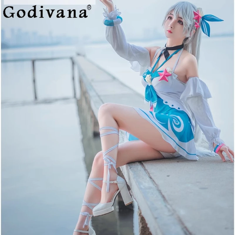 Women Sexy Swimsuit Bathing Suit Halloween Carnival Uniforms Swimwear Female Blue Color Lovely Two Pieces Dress Set
