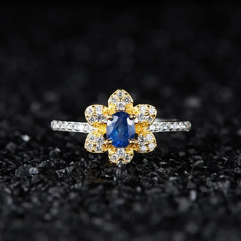 S925 silver natural color treasure flower ring women's gold and silver contrasting color sapphire jewelry white temperament