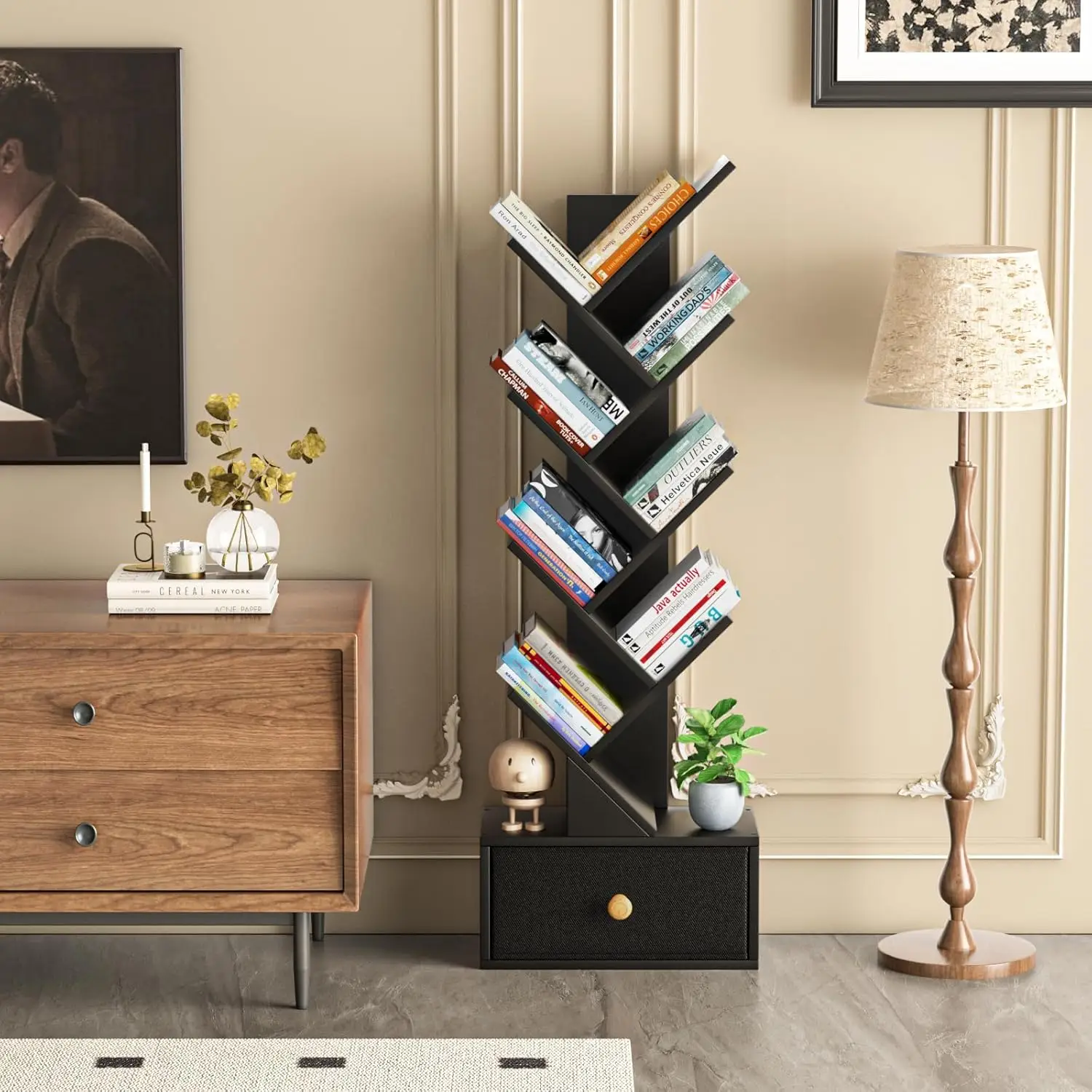 8-Tier Tree Bookshelf with Drawer, Space-Saving Wood Bookcase for Living Room, Bedroom, Home Office Storage