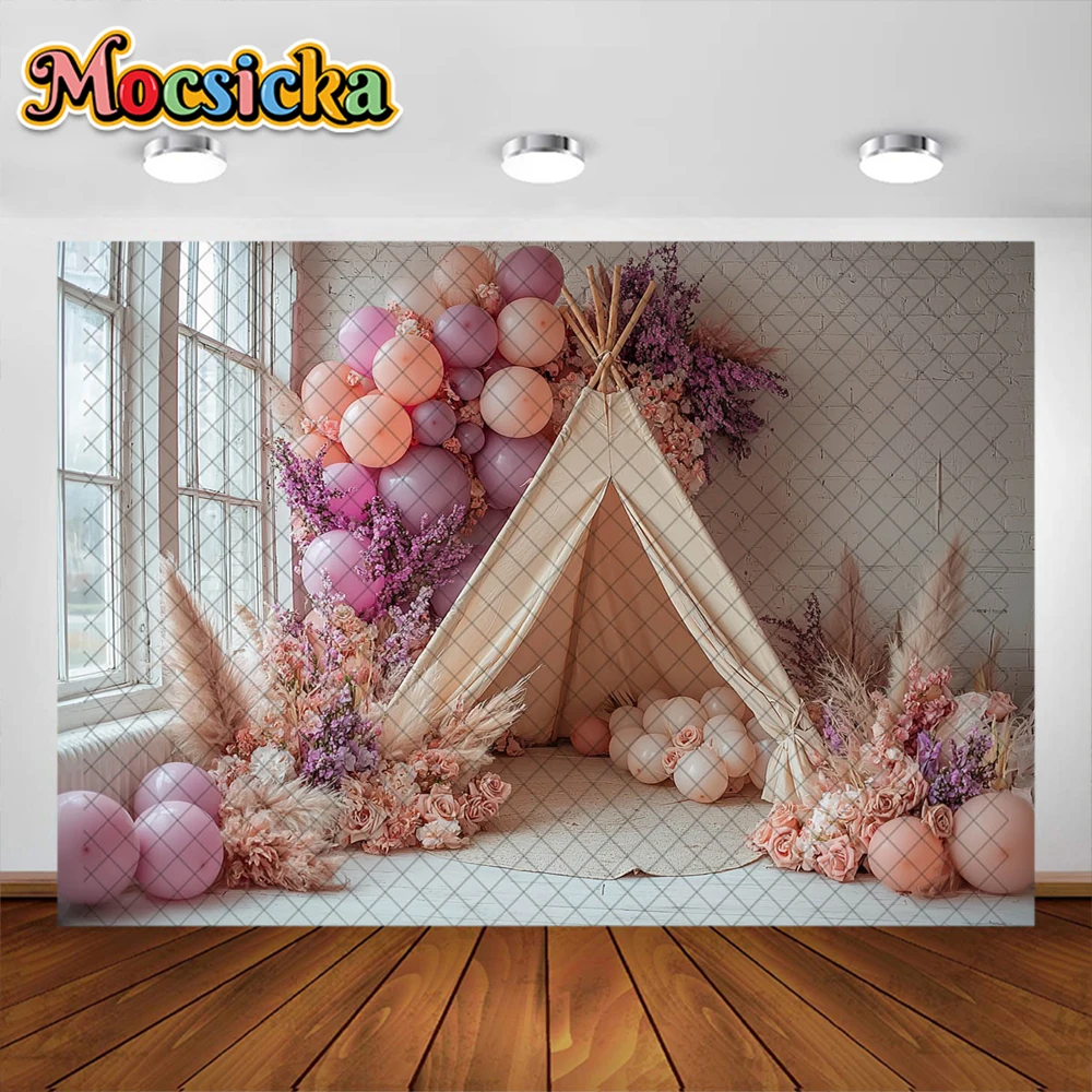 Bohemian Photography Background Colorful Balloon Tent Decoration NeWborn Baby Shower Cake Smash Background Studio Props Banner
