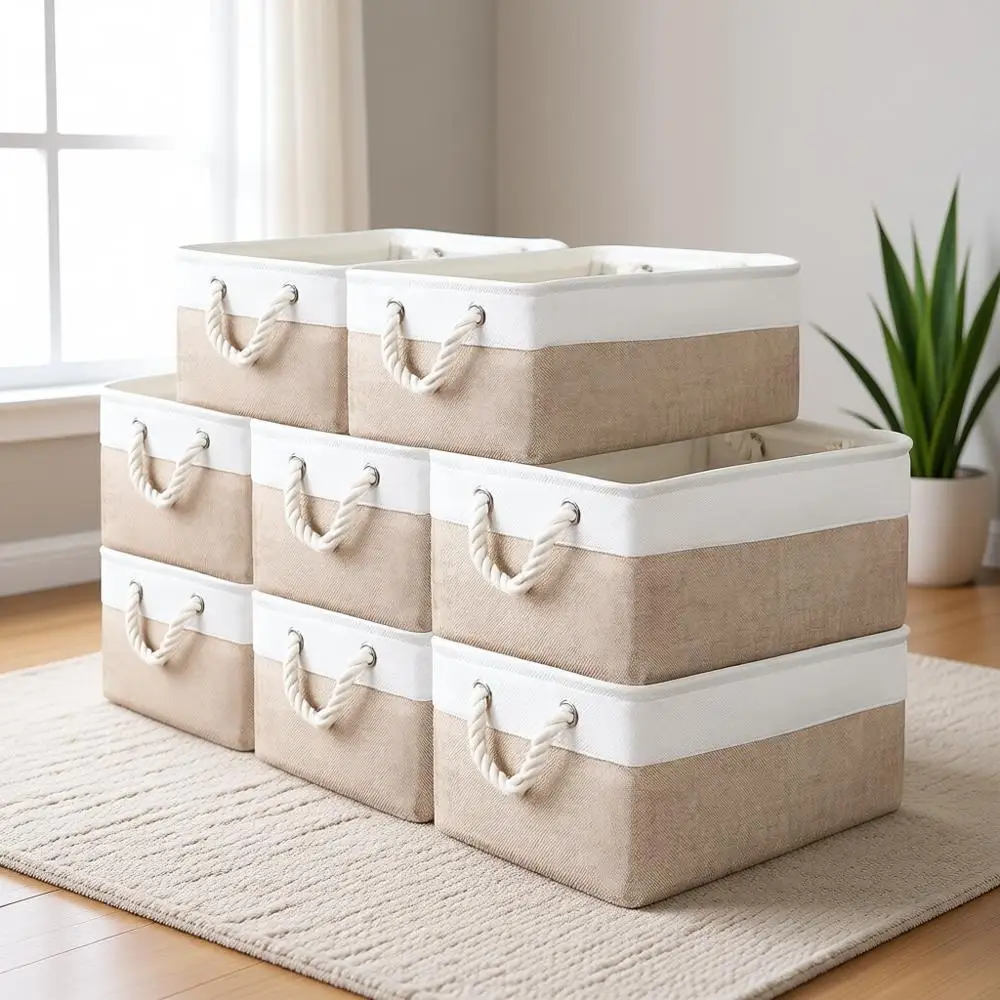 

Набор из 8 корзин для хранения с ручками - белые и бежевые кубы для дома, офиса, ванной комнаты, гаража