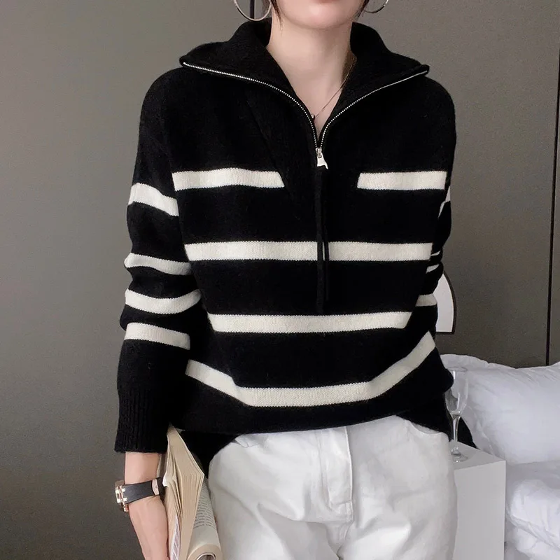 Autumn Winter Women\'s Striped Polo Collar Pullovers Sweater Half Zip Loose Lazy Warm Long Sleeve Jumper