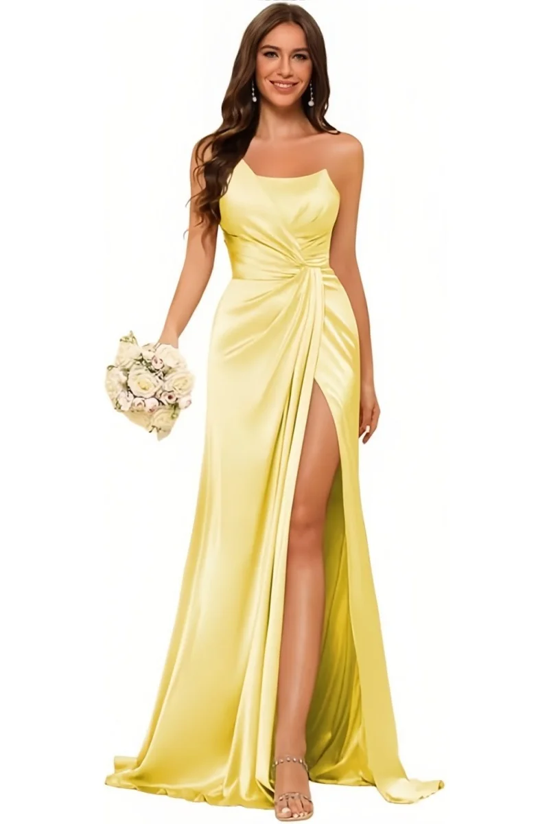 Women's One Mermaid Satin Bridesmaid Dress with Slit Long Bodycon Formal Prom Dresses for Teens Guest Evening Gown image 4
