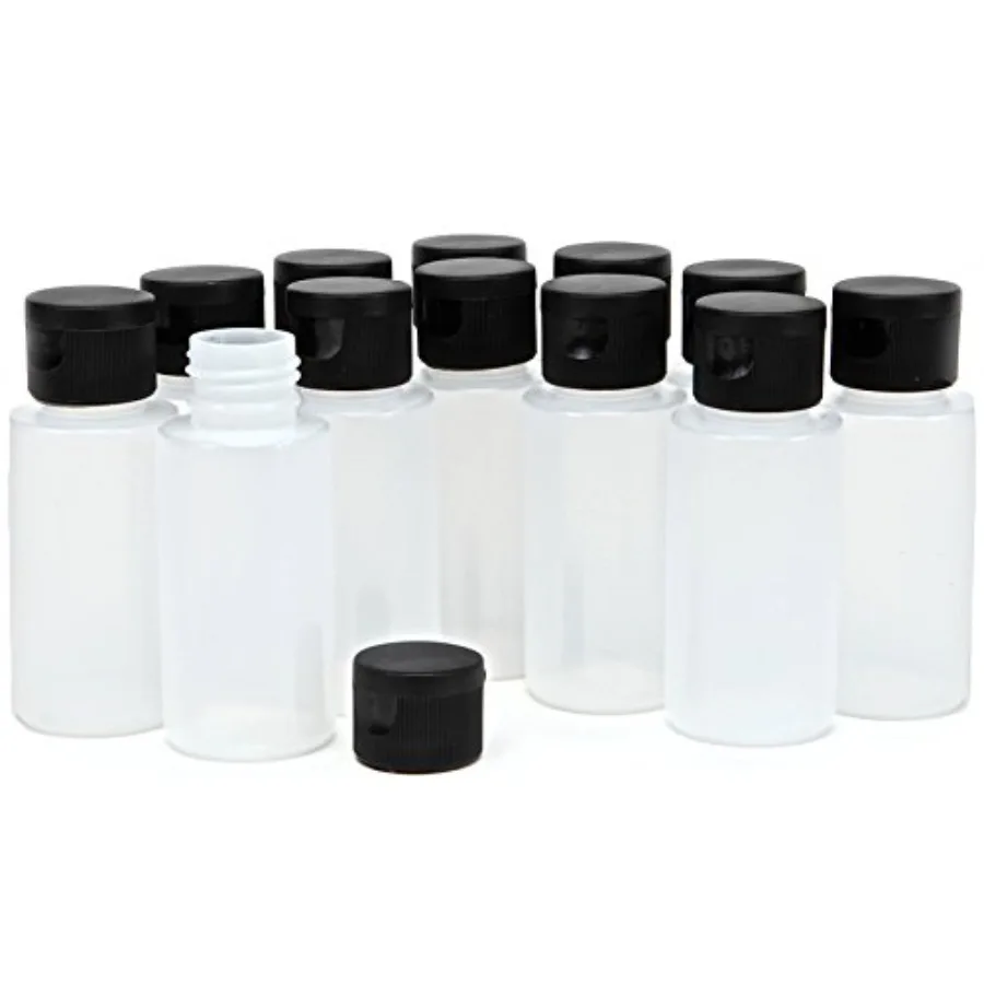 

12 Clear 2 oz Plastic Squeeze Bottles with Black Flip Top Caps