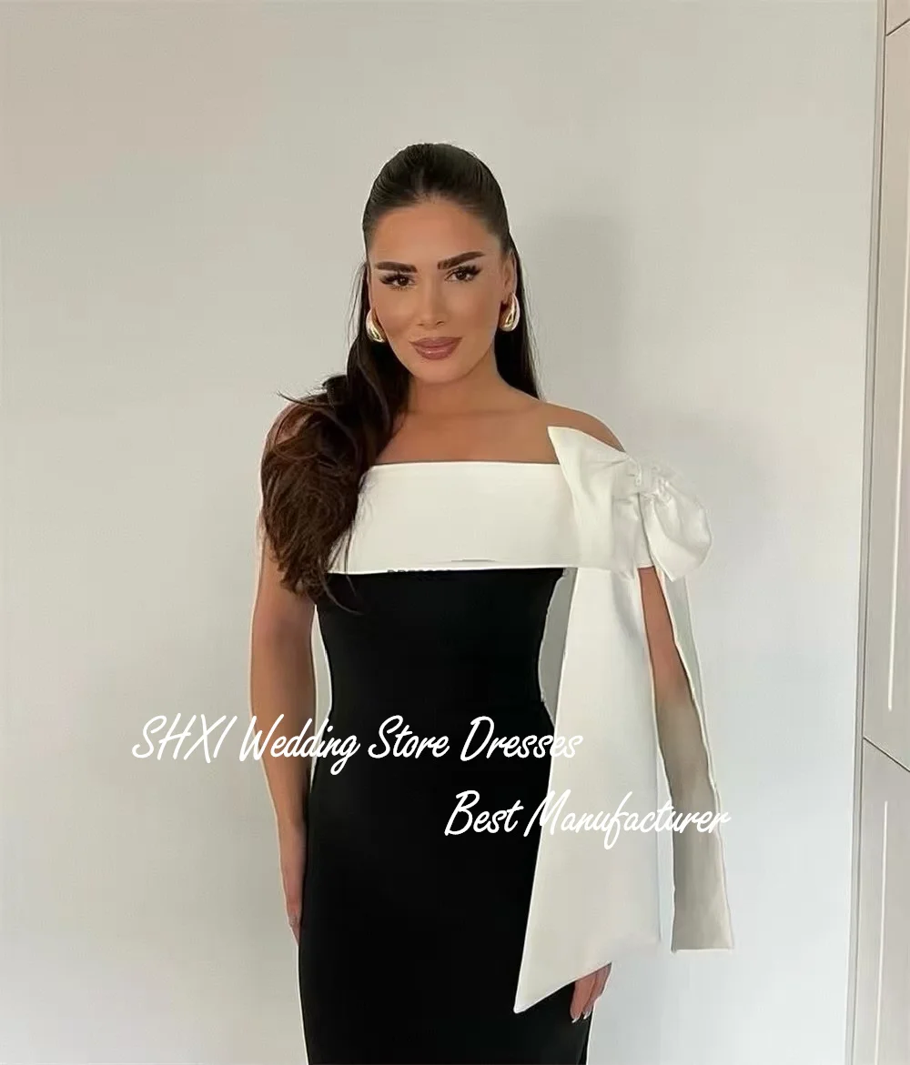 SHXI Gaun Prom Hitam Putih Elegan Gaun Pesta Formal Saudi Dubai Bahu Terbuka Gaun Putri Duyung Panjang Teh Kustom Gaun Pesta