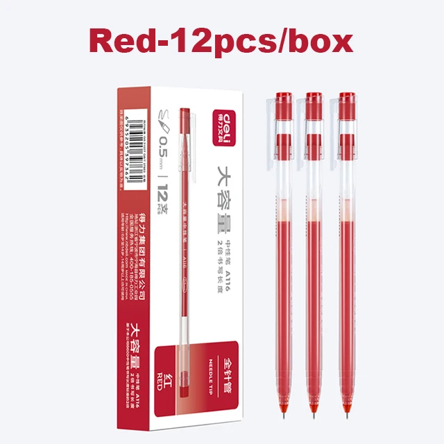 Deli Grote Capaciteit Gelpen 0.5mm Naaldpunt Inktkleur Rood Blauw Zwart Soepele Schrijfpen voor School Kantoor Kunst Schrijfwaren Pen