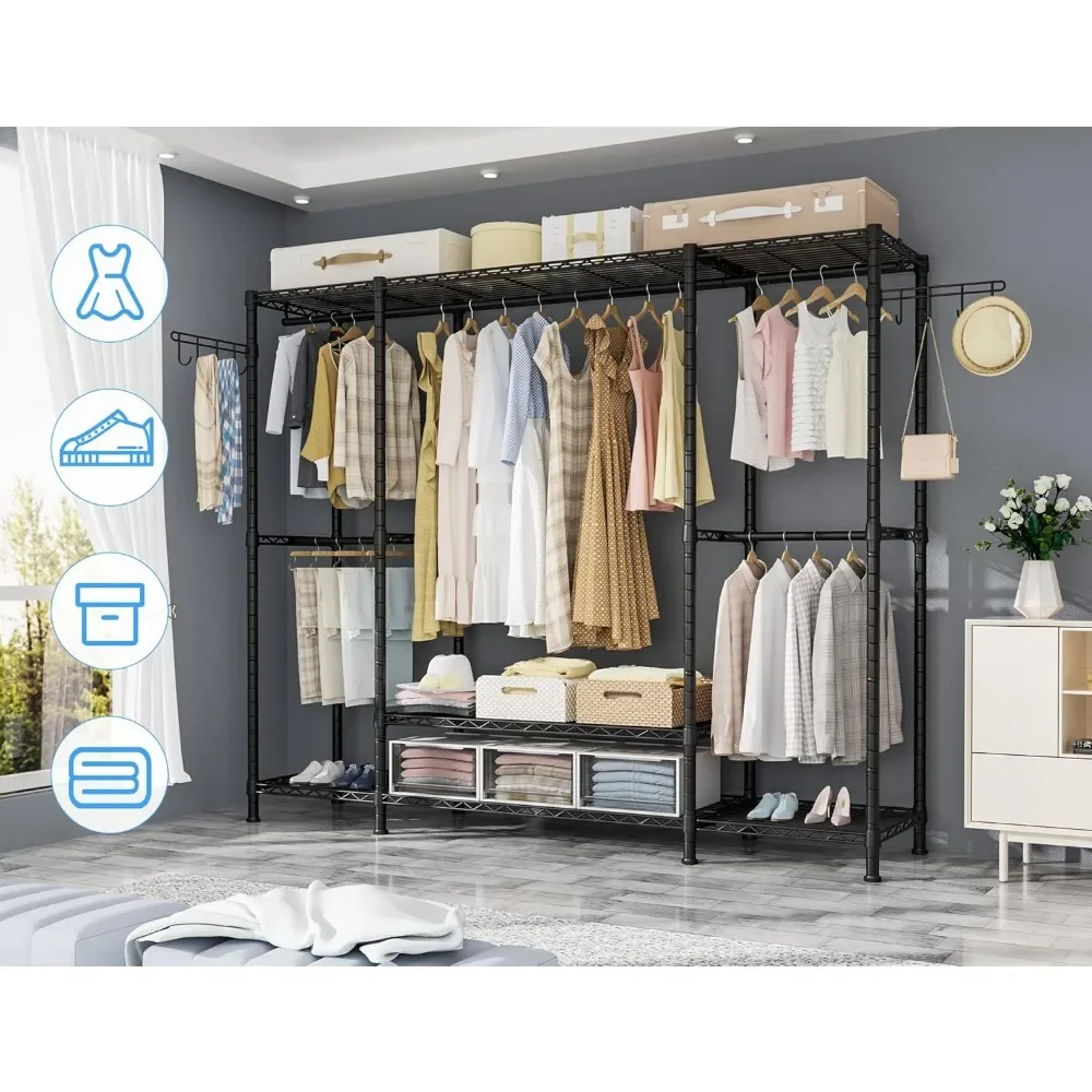 E3 Heavy Duty Garment Rack, 4 Tiers Freestanding Closet Organizer System with 5 Shelves, Metal Closet Organizer