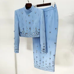 HIGH STREET Newest Fashion 2026 Designer Runway Suit Set Women's Stand Collar Zip Back Cropped Tops Long Skirt Set 2pcs