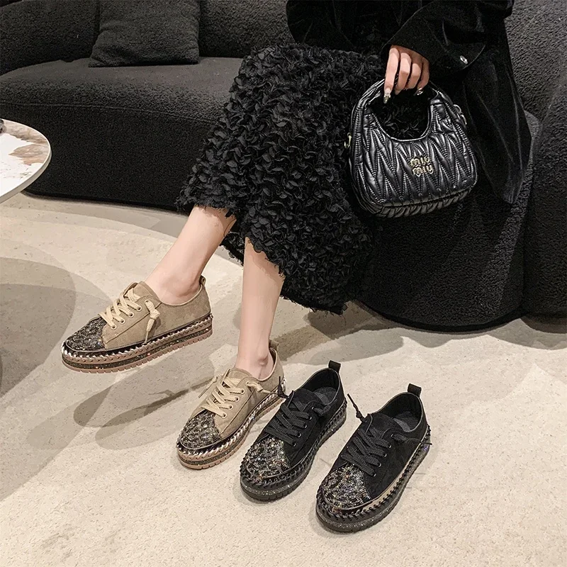 Crystal Luxury Flats Platform Shoes Women Sneaker Designer 2025 Autumn Suede Loafers Lace Up Trend Leopard Canvas Zapatos Mujer