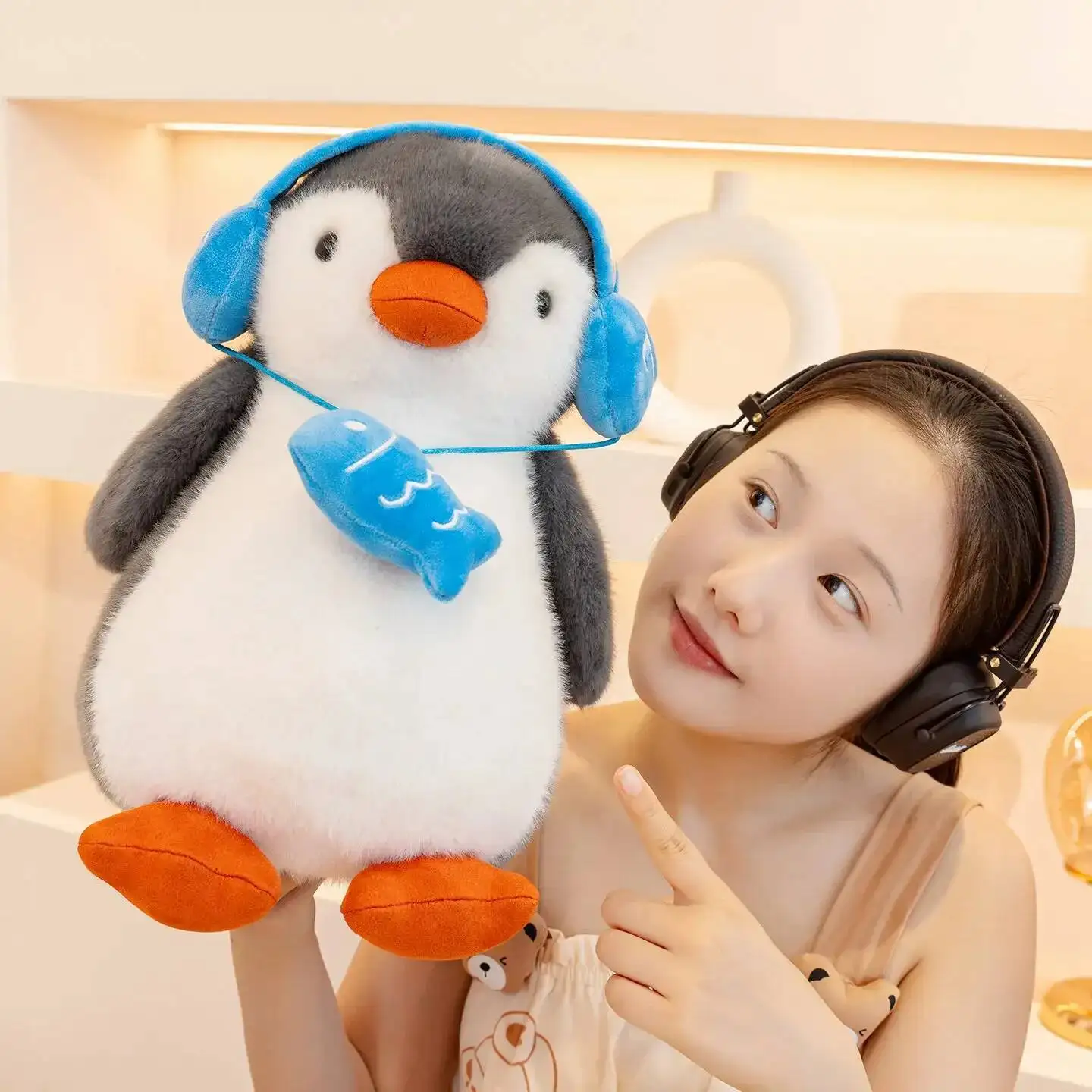 Creative Music Penguin Plush Toys for Children Stuffed Toys Penguin Wear Headset Doll Kids Toy Birthday Gift For Children Girls