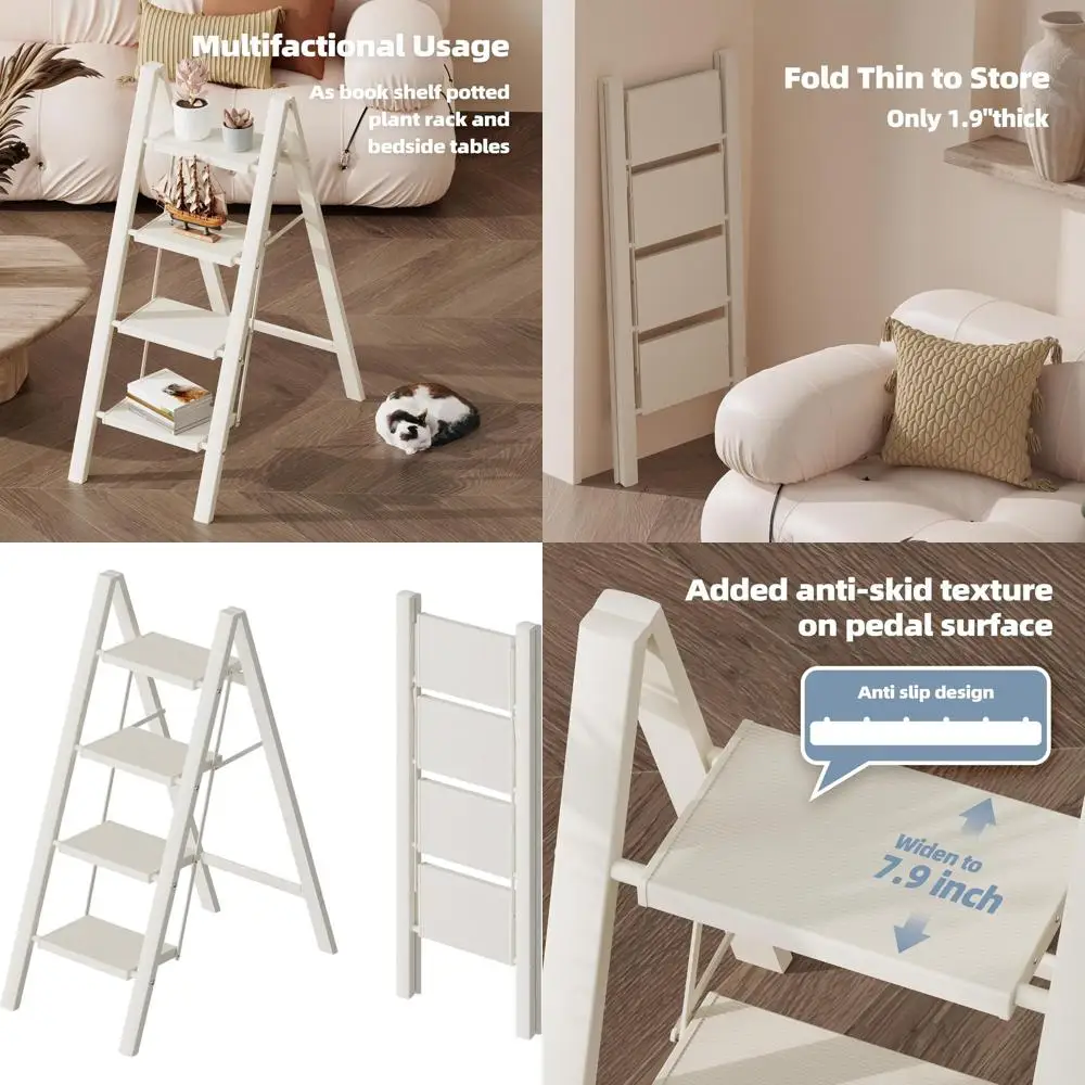 

Легкая складная 4-ступенчатая стремянка с противоскользящими накладками, грузоподъемность 150 кг, для дома, офиса, гаража (белая)
