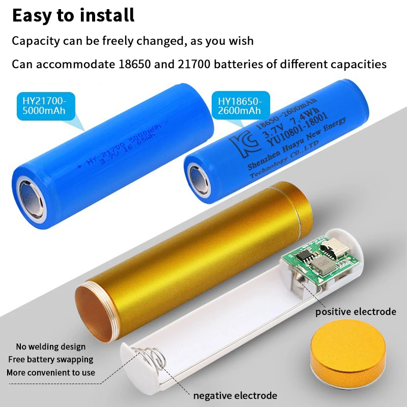 [W3C] 1 Pcs Welding Free Type C Mobile Power Kit Spring Activated 21700 Powerbank Anti Impact Aluminum Shell Easy Battery Swap