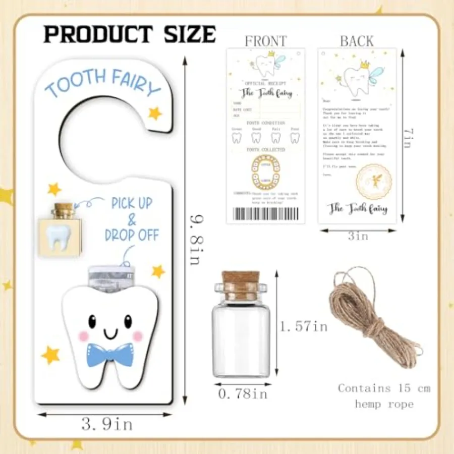 Cute Carved Wooden Box with 3D Tooth, 3Pcs Tooth Fairy Door Hanger With Recipe Cards and Keepsake Bottle, Gifts 3D Holder Box -