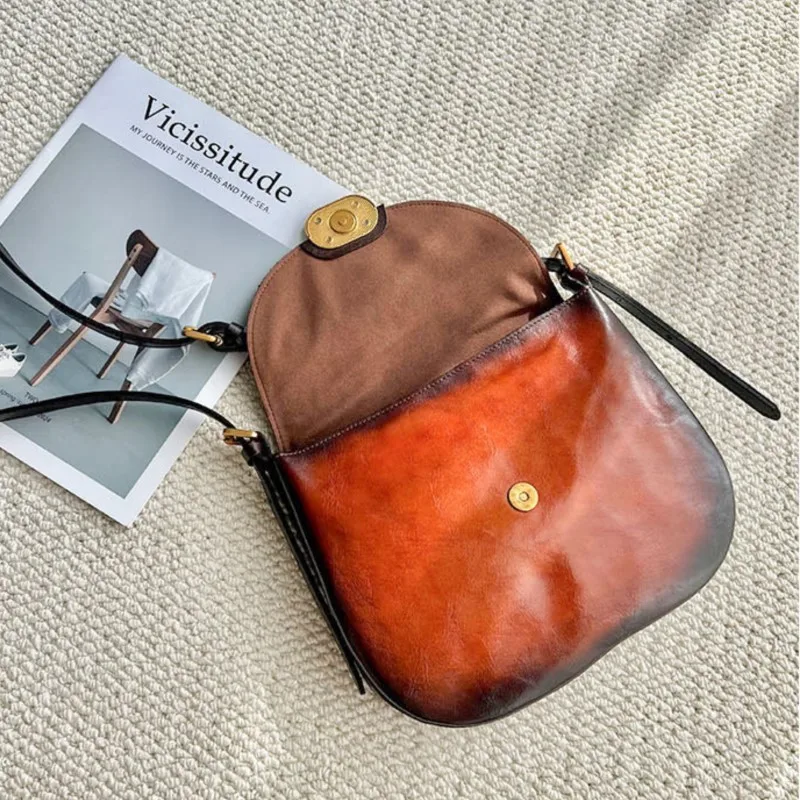 Johnature Natural Soft Cowhide Women\'s Saddle Bag 2026 New Retro Handmade Genuine Leather Solid Color Shoulder & Crossbody Bags