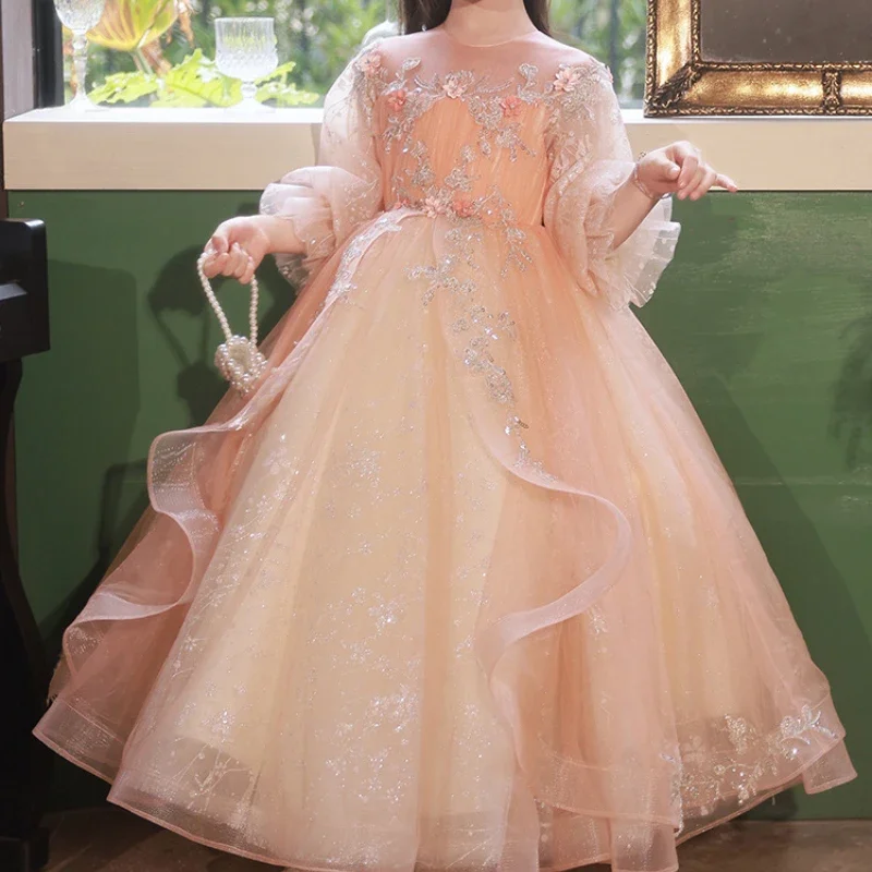 

Элегантное французское платье принцессы с длинными рукавами и волнистыми краями по индивидуальному заказу, с круглым вырезом, изысканные цветочные аппликации, Vestidos, трапециевидное платье на молнии с цветком