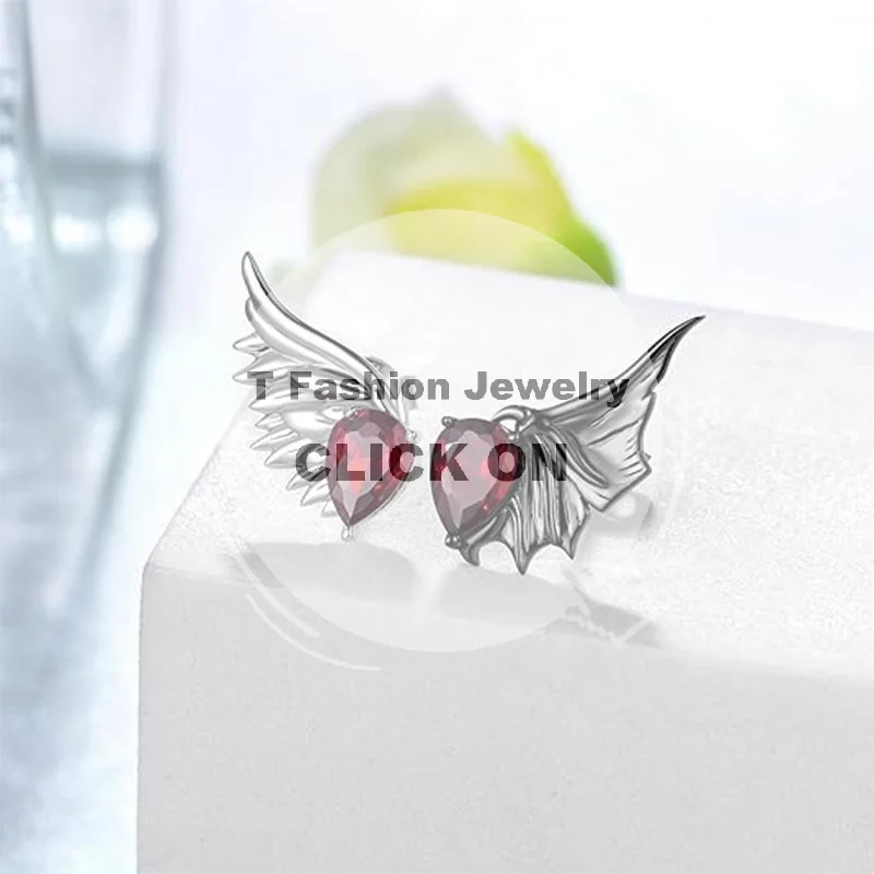 Red Zircon Feather Gothic Punk Angel Devil Wing Earrings for Women Statement Ear Studs for Holiday Dressing