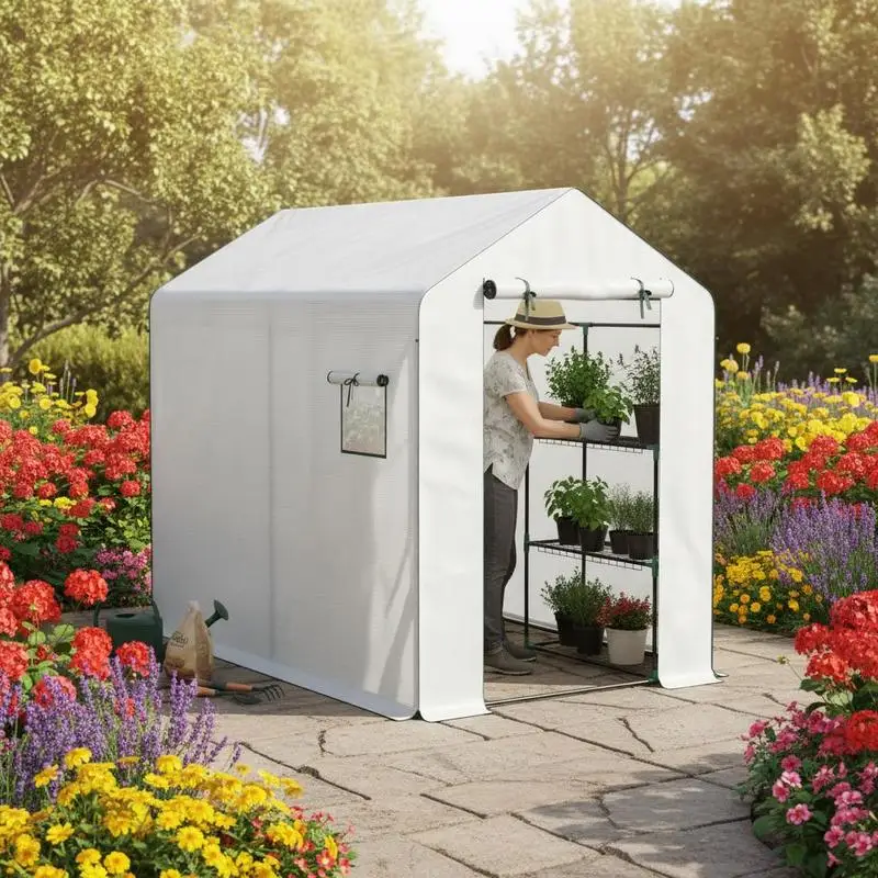 Gartentreibhaus 3 m² mit 3-stufigen Regalen, verstärktem PE 135 g/m², Rolltür und Netzfenstern