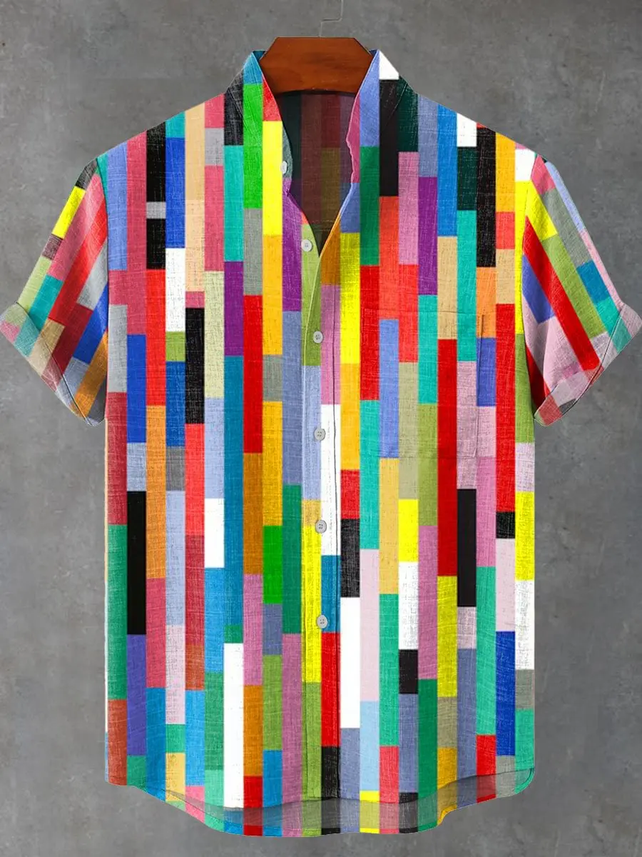 Camicia a maniche corte da uomo nuova estate multicolore a righe geometriche stampa 3D moda casual lino 100% colletto con patta da uomo