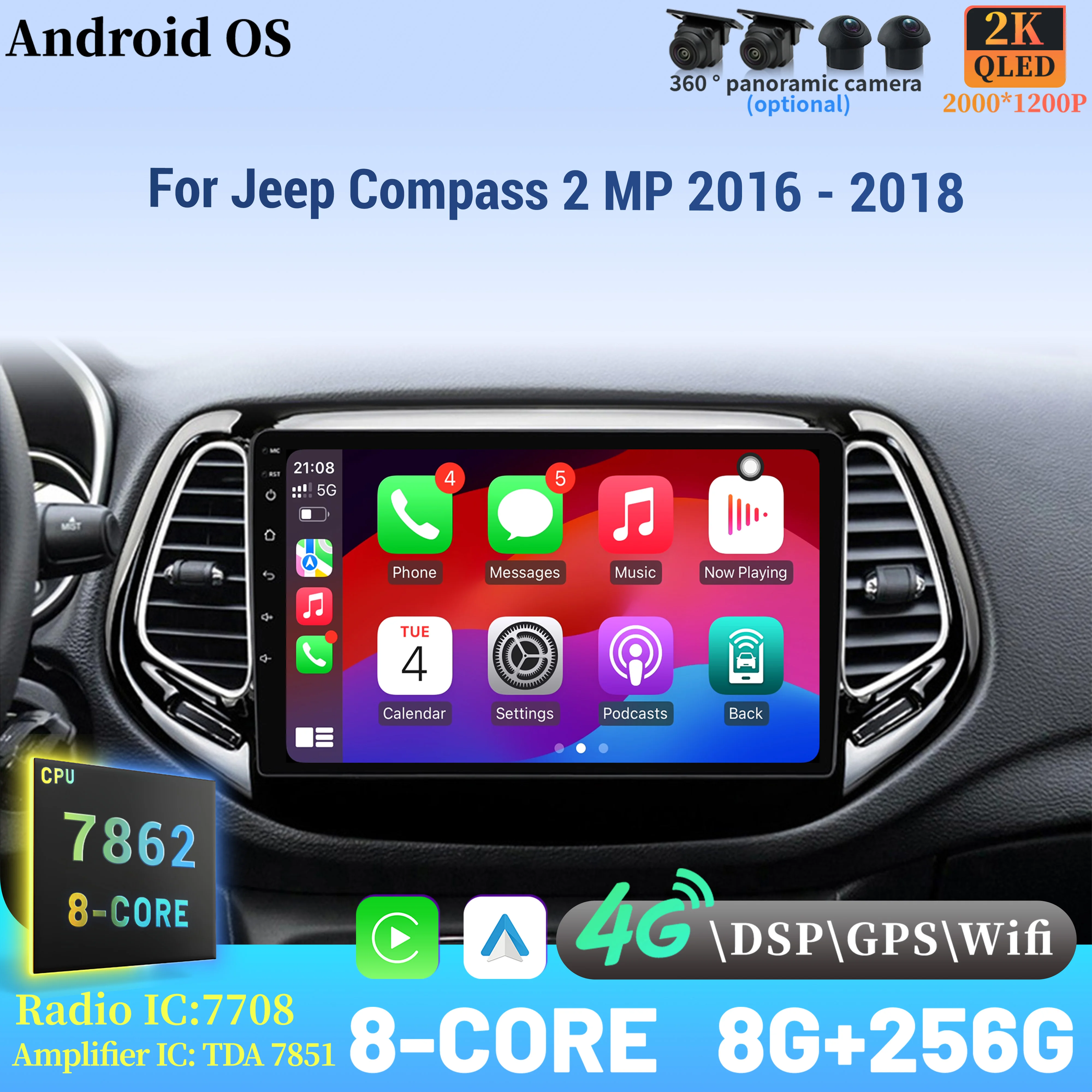 

Android 14 Radio Car Multimedia Player 7862 8+256 Touch 2K QLED Screen For Jeep Compass 2 MP 2016 - 2018 Wireless BT CarPlay