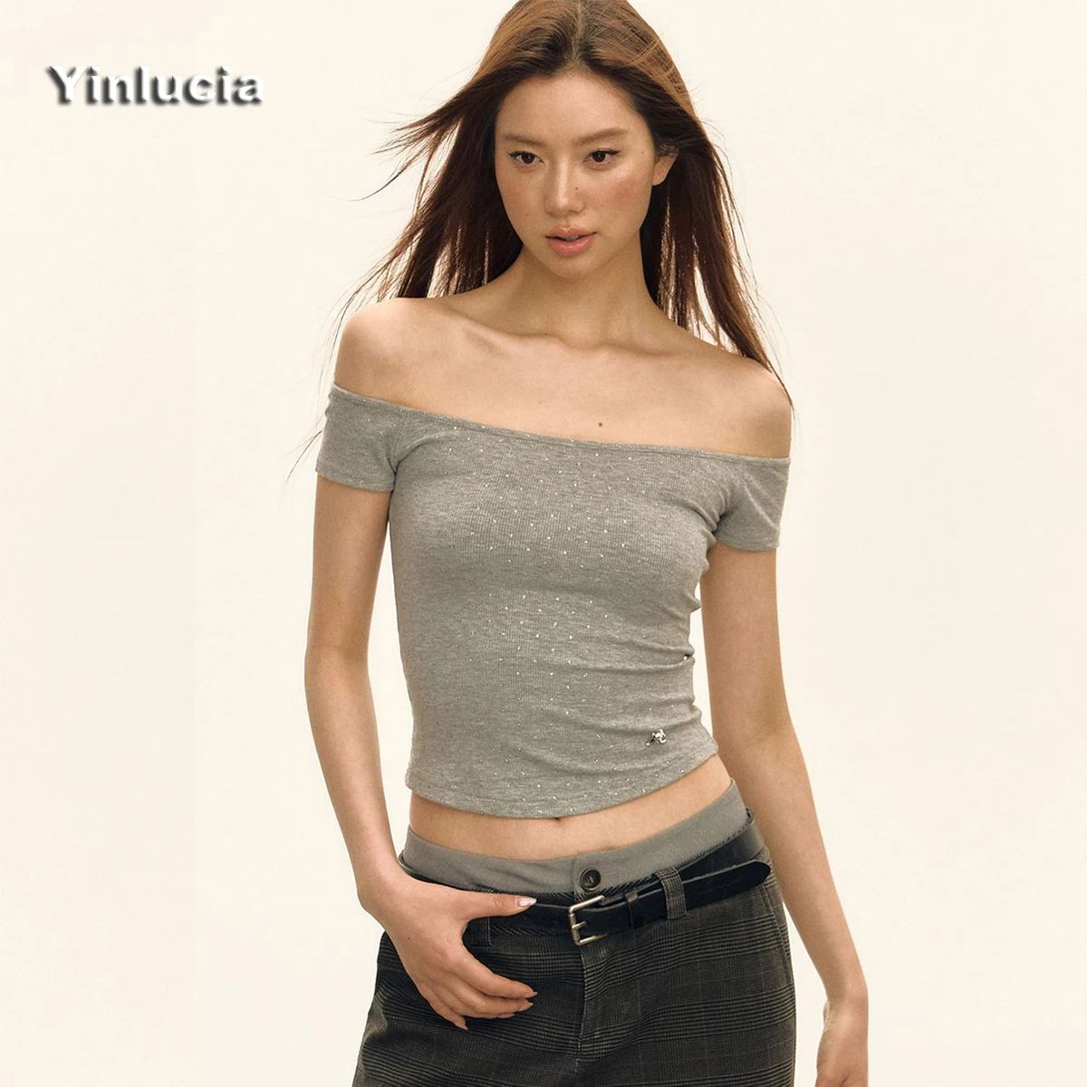 Big Neck Shiny Sequin Stretch Slim Short Tee Navel Tops Women Blouses Sexy Off Shoulder Blouse Party Hot Babes Pullover Y2K