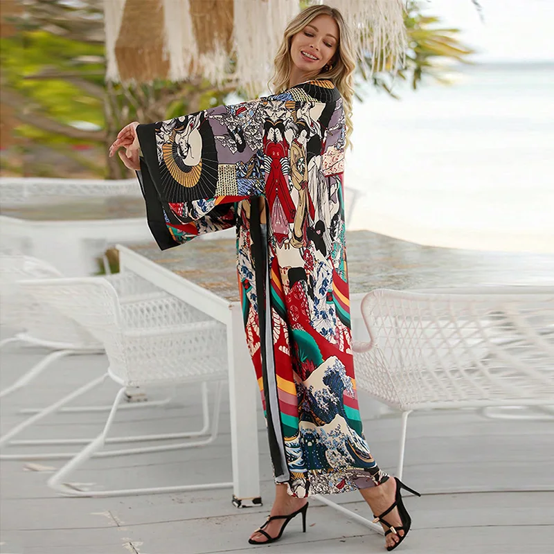 Spring and Autumn Mid-Length Loose Beach Cover-Up Cardigan Bathrobe Kimono Retro Style Bohemian Long Skirt Bikini Cover-Up Sun Protection Clothing