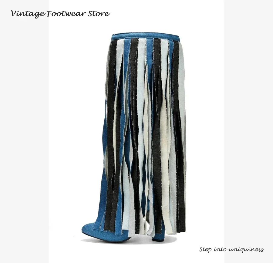 

Джинсовые синие сапоги до колена с бахромой. Женские весенне-осенние туфли на каблуке с боковой молнией. Сапоги на высоком блочном каблуке в уличном стиле с круглым носком.