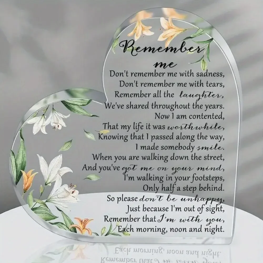 Heart Acrylic Memorial Desk Plaque, White Lily Remember Me Poem Sympathy Tabletop Ornament