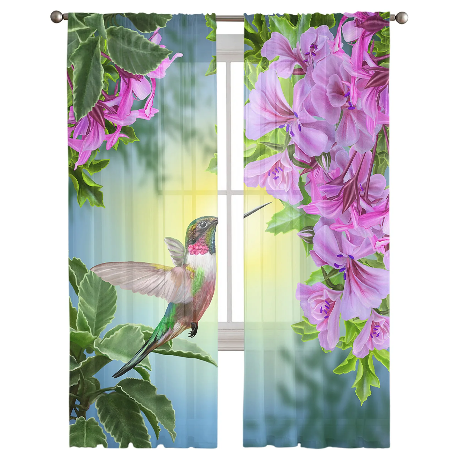 Glory Flower Attracts Hummingbird Plants Tulle Curtains for Living Room Bedroom Modern Kitchen Sheer Curtains for Voile Curtain