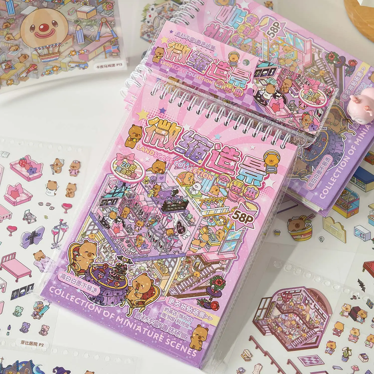 58pcs/kantong Stiker Miniatur Pemandangan Kawaii Buku Stiker Guinea Pig Town 6.0 DIY Pemandangan 3D untuk Jurnal Hadiah Penghilang Waktu