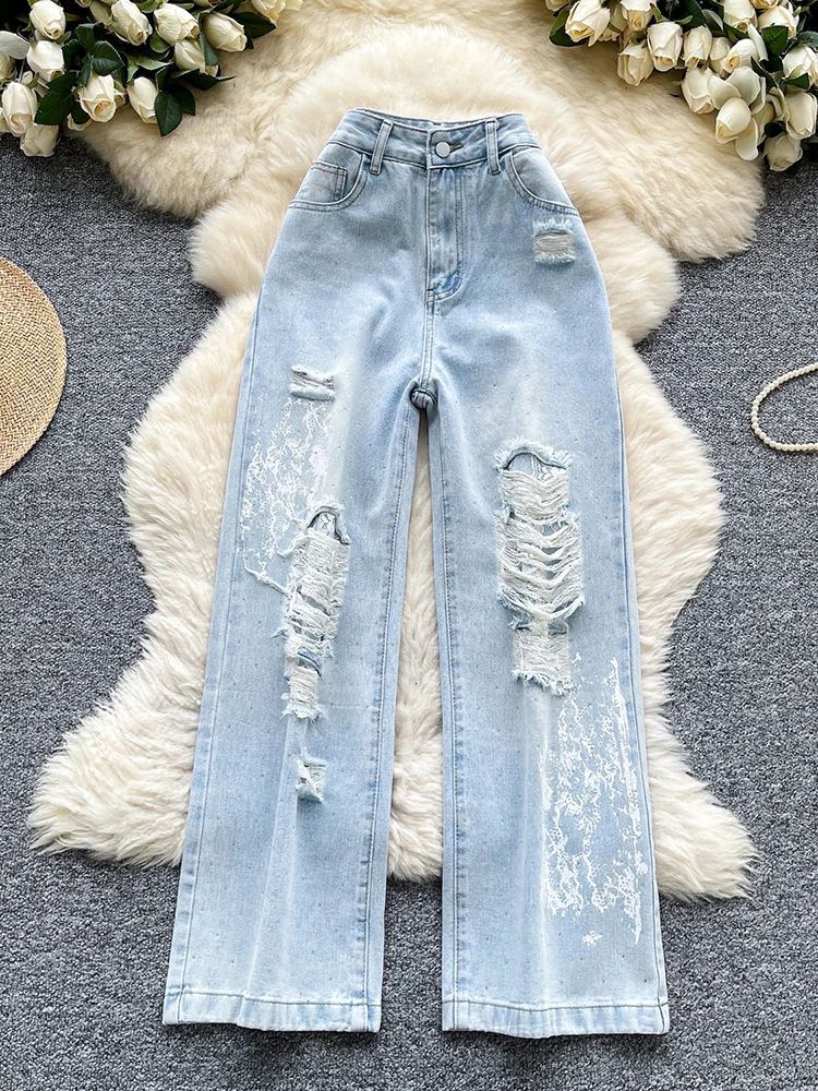 

Spicy Girl Style Denim Pants For Women Summer High Waisted Lace Straight Leg Jeans Retro Distressed Hairy Edge Wide Leg Trousers