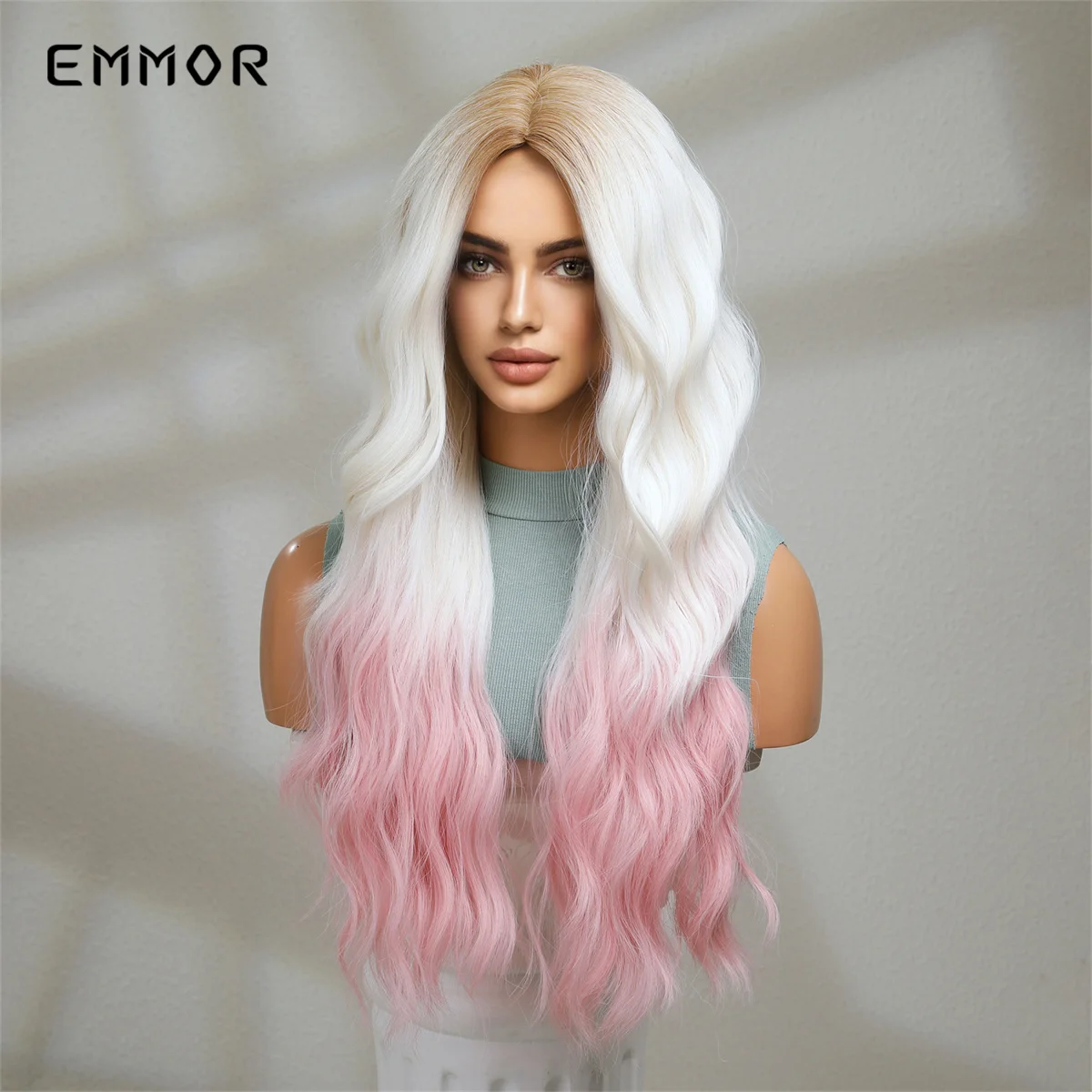 Emmor-Perruque Synthétique Ondulée Sans Frange pour Femme, Ombre, Blanc, Rose, Fibre, Cosplay, ix, Utilisation Lolita, Degré de Chaleur