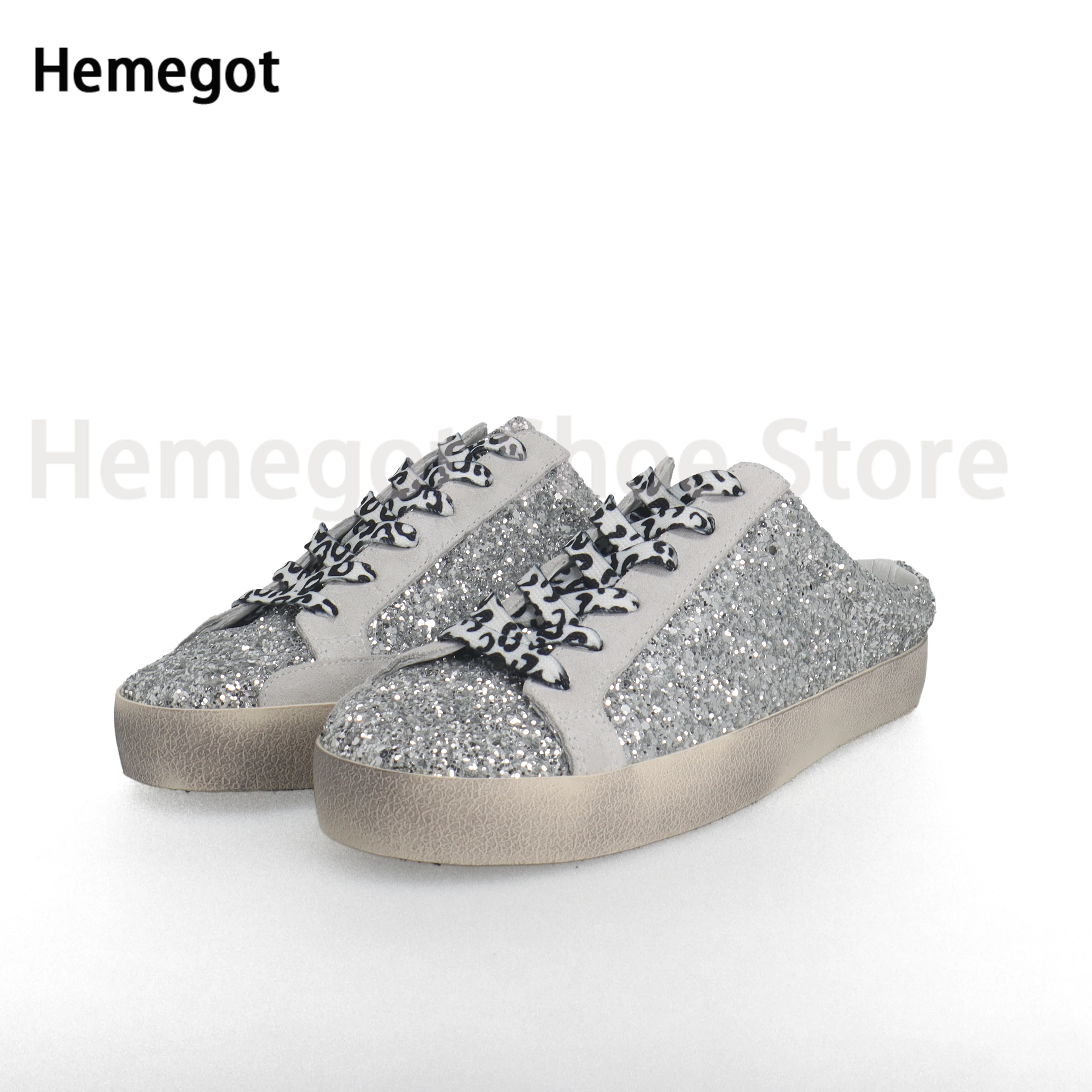 Blingbling Sequins Leisure Sneaker Round Toe Flat Half Slippers Super Fashion Lace-Up Men Shoes Breathable Casual Loafers