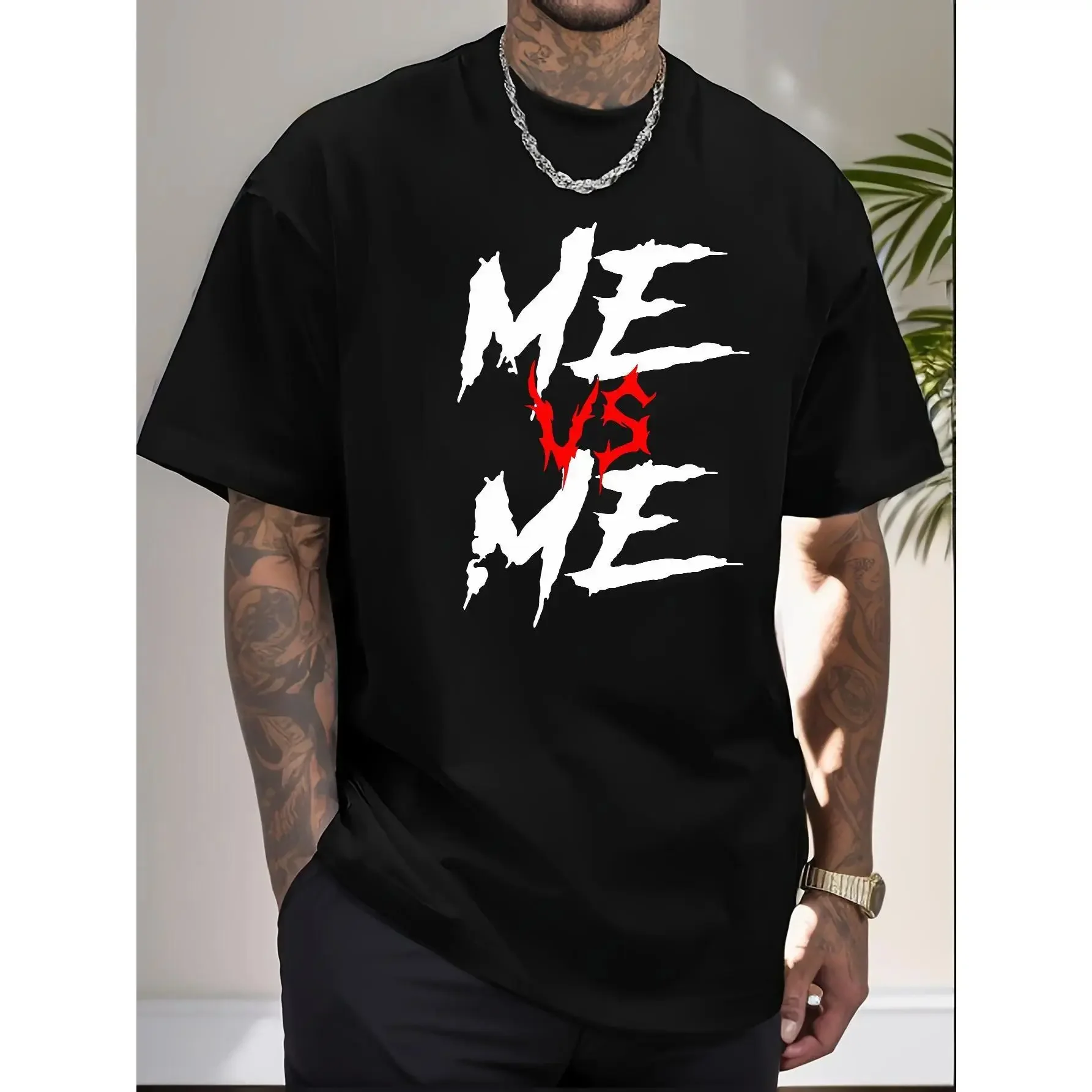Men's Oversized Pure Cotton Short-Sleeve T-Shirt - Round Neck, Baggy Loose-Fit, Geometric Funny Position Print, 4-Season Casual Menswear Top, Machine Washable