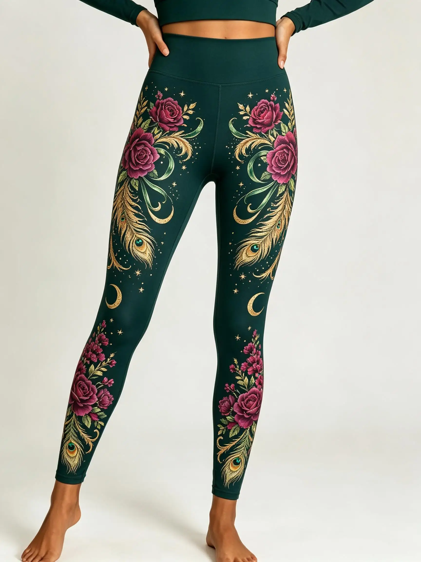 Women Fleece‑lined Mid‑rise Leggings Gothic Rose Floral Peacock Feather Scroll Vine Full‑leg Print Slim Stretch Casual Pants