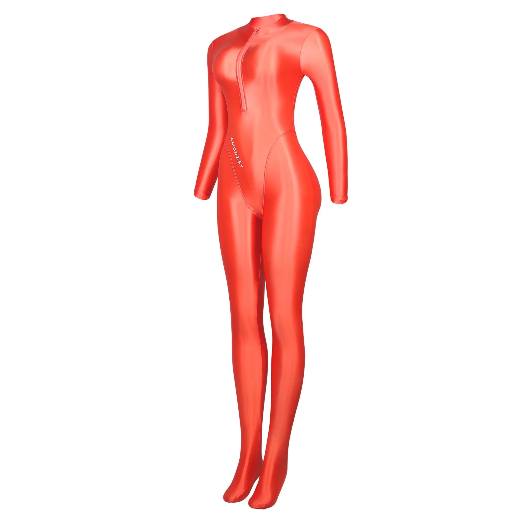 AMORESY 2026 Women's Shiny Glossy Catsuit Ultra Thin Front Zipper Playsuit Fullbody Leotard Zentai Jumpsuit Overall Tights