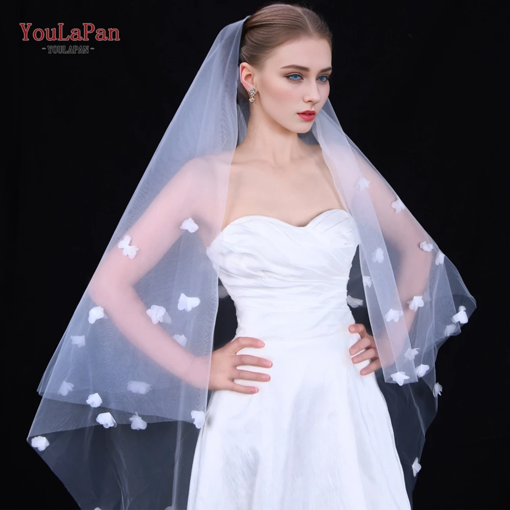 YouLaPan 3d fiori velo da sposa 2 livelli pizzo disperso Applique floreale veli da sposa copertura viso morbido bianco avorio cattedrale V190