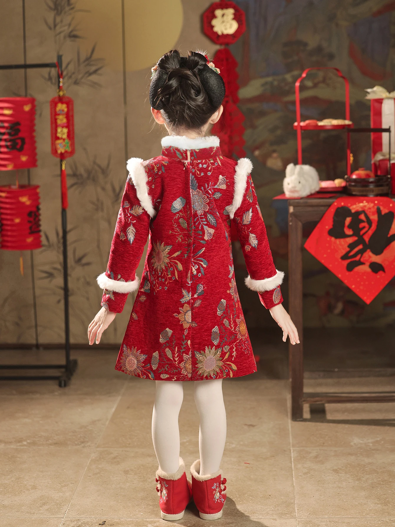 Girls' Red Festive New Year Dress Long sleeve Warm High-grade Dress Autumn and Winter