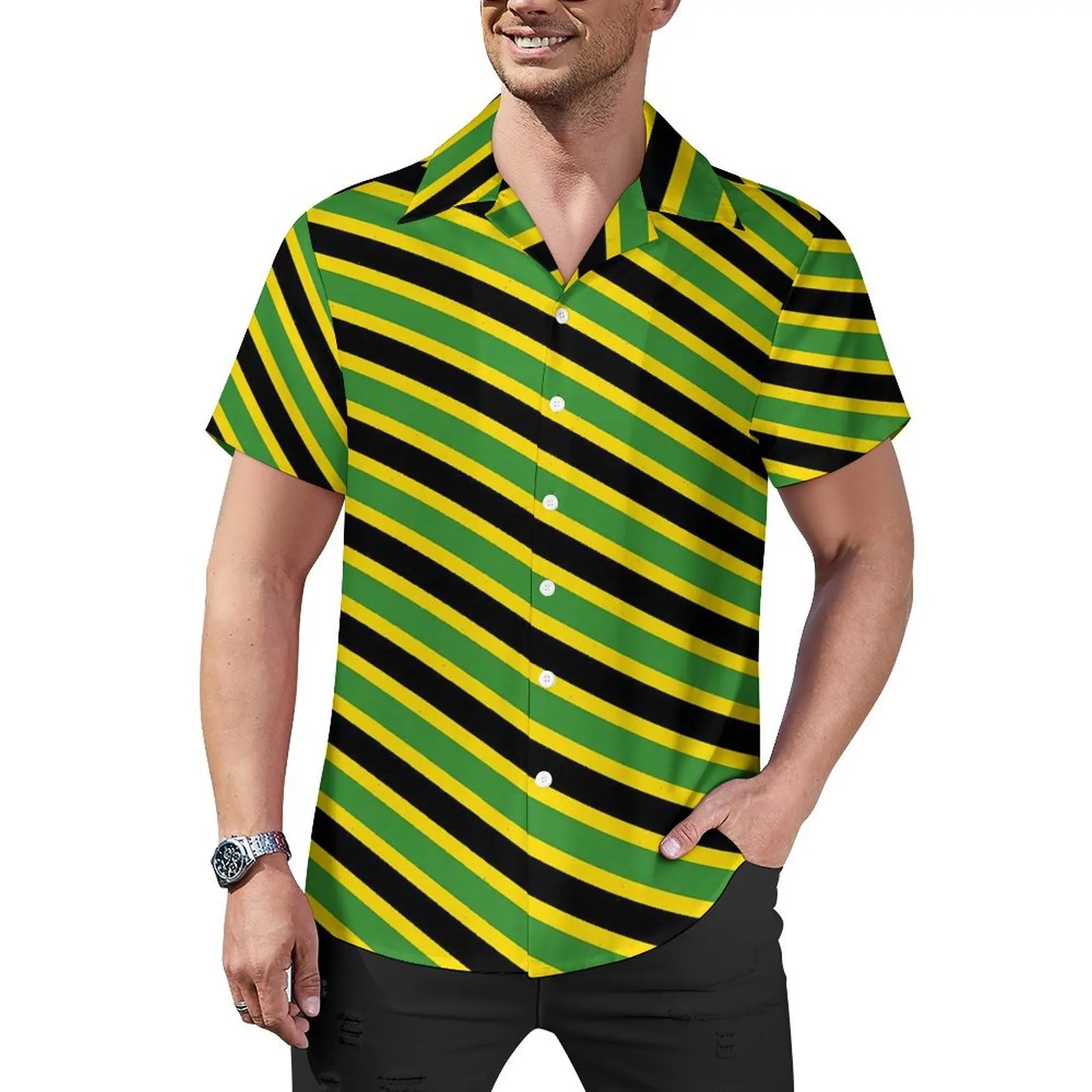 

Summer Shirt Beach Jamaica Flag Blouses Green Yellow Stripes Vintage Casual Shirts Men Short Sleeve Streetwear Plus Size Clothes