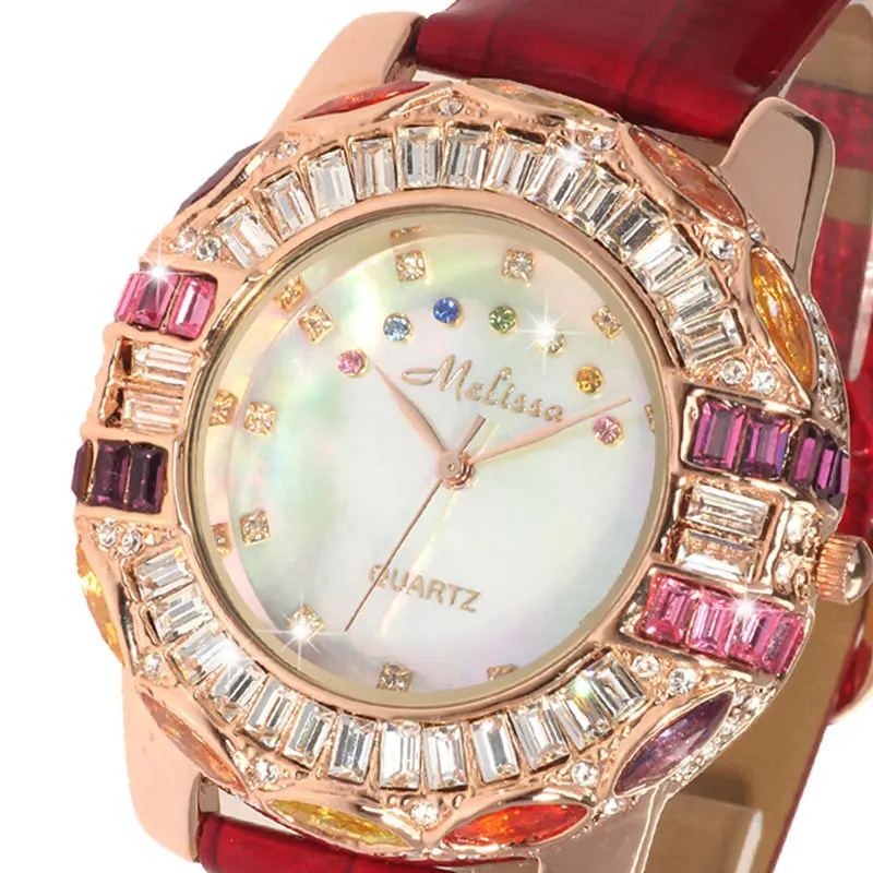 

MELISSA Sapphire Women's Watch Luxury Japan MIYOTA Quartz Movement Waterproof Leather Strap Rhinestone Diamond Clock F1546