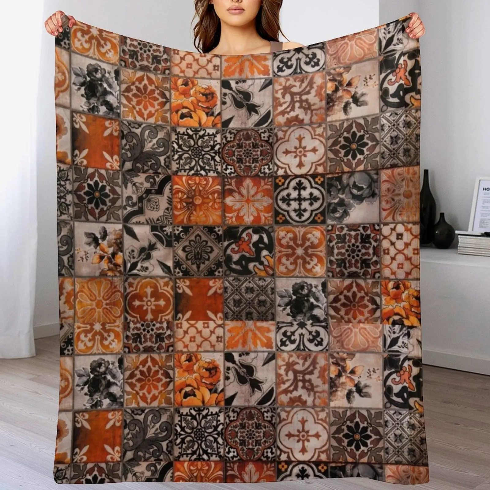 

Ancient brick pattern design with gold ,orange, black and white colour . Throw Blanket Birthday gift for mom