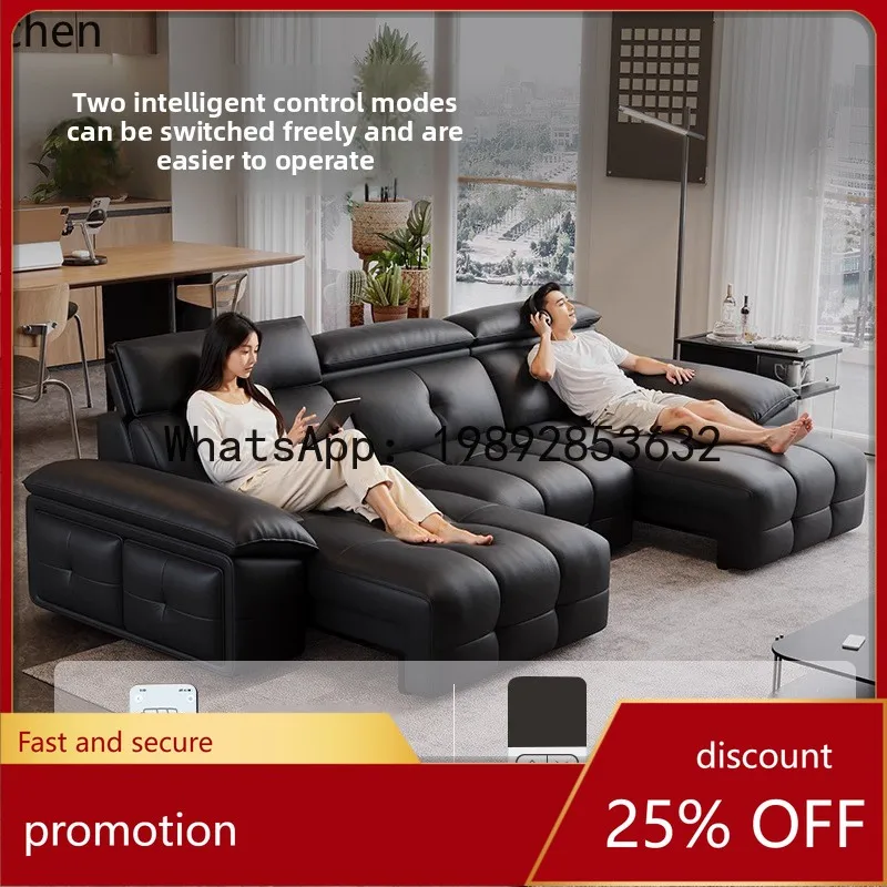 YFY Black Italian Genuine Leather Sofa Bed Piano Key Living Room Modern Simple Small Apartment Straight Row